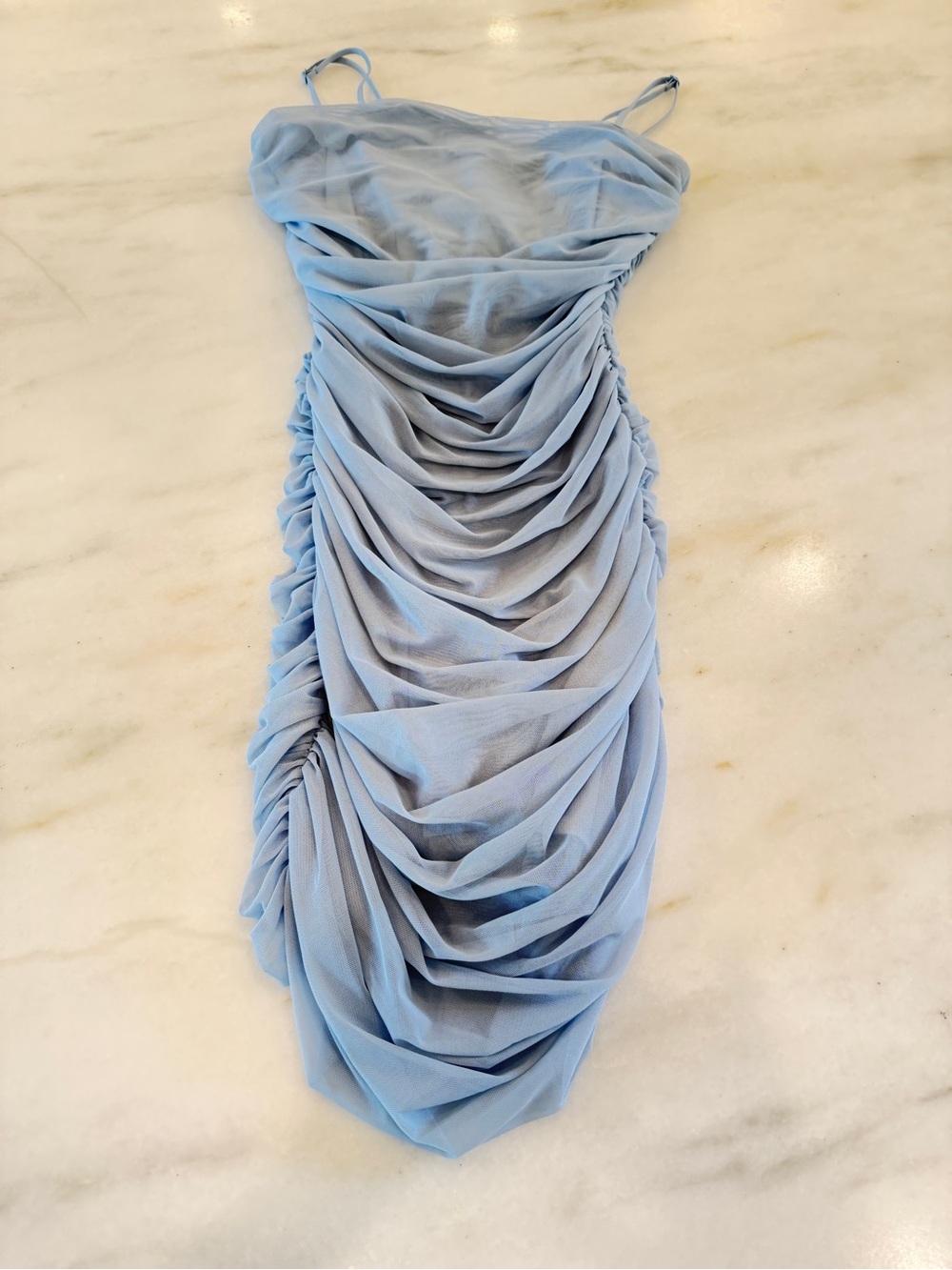 Aritzia purchased dusty blue ruched bodycon dress size 2 GUC by Ten